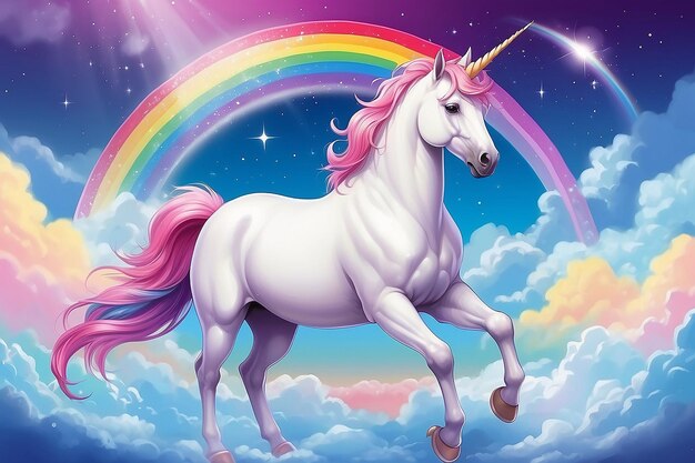 Unicornio en el fondo del arco iris Unicornio de fantasía en el cielo