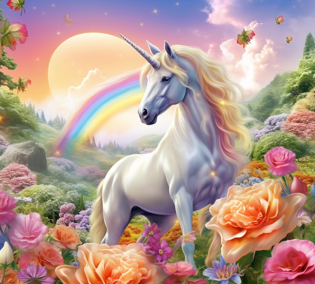 Unicornio en un jardín de flores con un arco iris en el fondo ai generativo