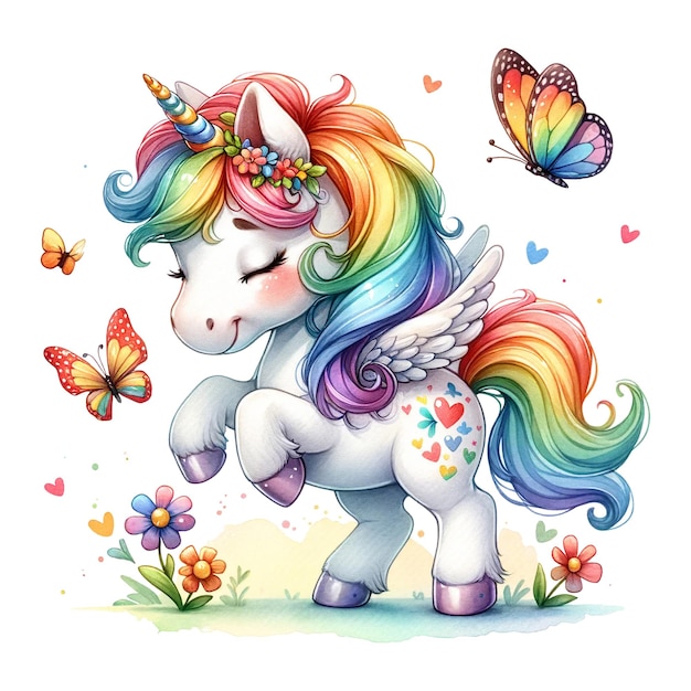 Unicornio juguetón con melena de arco iris rodeado de mariposas y flores