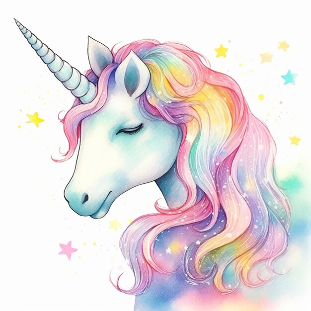 unicornio con larga melena y estrellas en un fondo blanco generativo ai