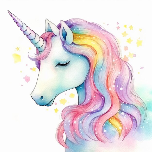 unicornio con larga melena y estrellas en un fondo blanco generativo ai