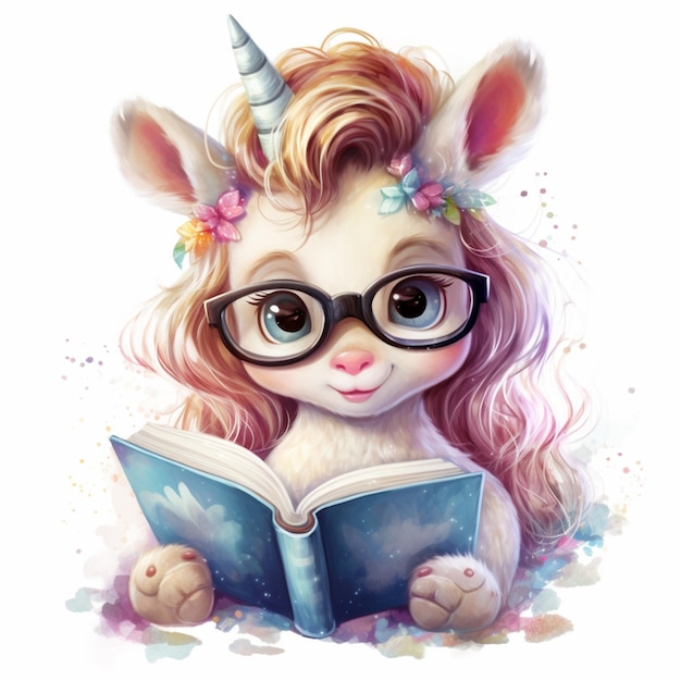 Unicornio leyendo un libro con un cuerno de unicornio y gafas ai generativa