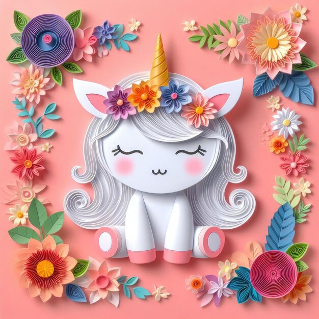 Foto unicornio lindo con flores estilo de arte de papel quilling tarjeta decorativa de papel