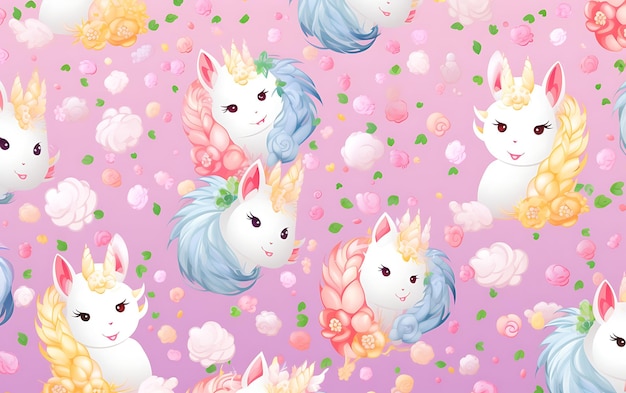 Unicornio lindo japonés patrones repetidos estilo de arte de anime con colores pastel