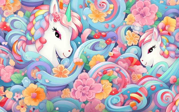 Unicornio lindo japonés patrones repetidos estilo de arte de anime con colores pastel