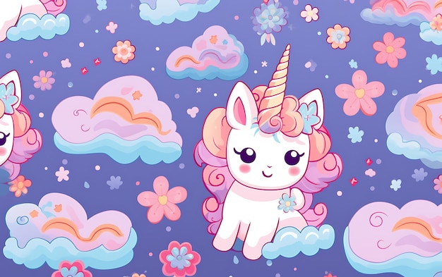 Unicornio lindo japonés patrones repetidos estilo de arte de anime con colores pastel