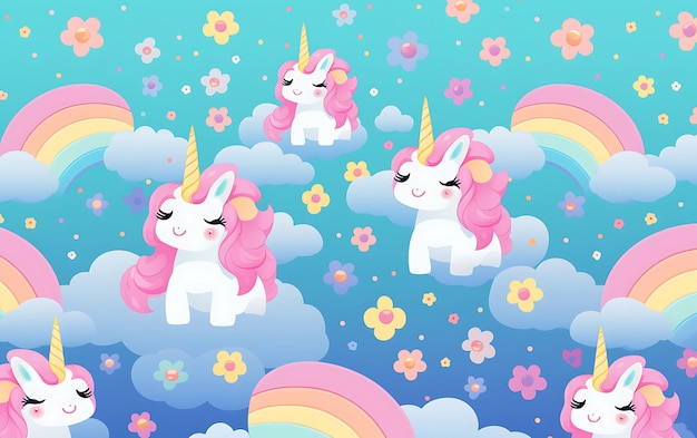 Foto unicornio lindo japonés patrones repetidos estilo de arte de anime con colores pastel