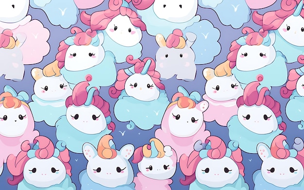 Unicornio lindo japonés patrones repetidos estilo de arte de anime con colores pastel