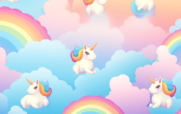 Unicornio lindo japonés patrones repetidos estilo de arte de anime con colores pastel