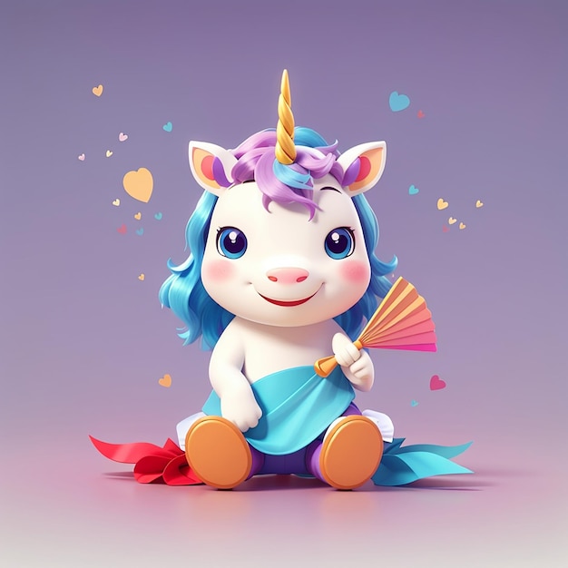 Unicornio lindo sentado con un fanático de dibujos animados icono vectorial ilustración de animal icono de tecnología aislado plano