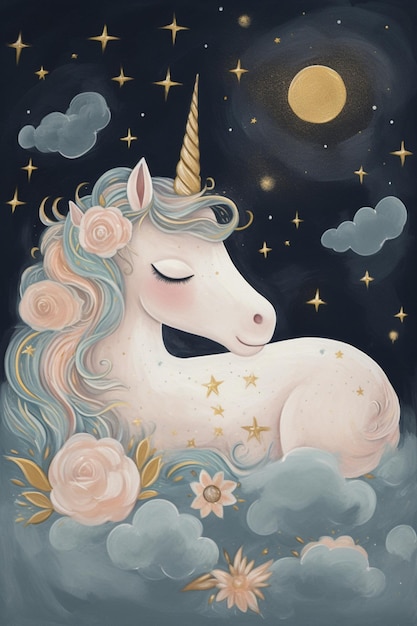 Un unicornio con luna y estrellas en el fondo.