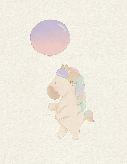 Unicornio mágico de cuento de hadas con una melena de arco iris vuela en un globo de aire caliente, postal de unicornio