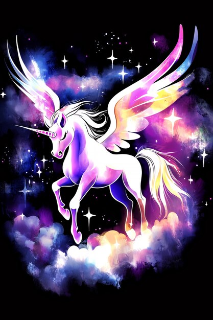 El unicornio mágico volando por el espacio con estrellas y nubes