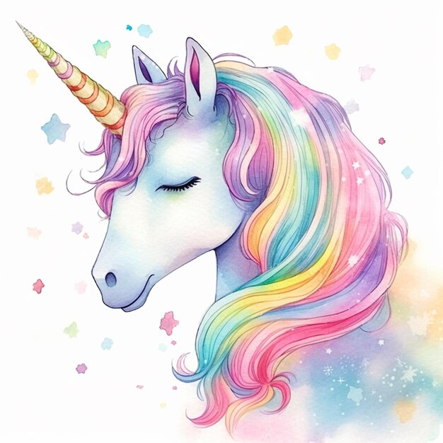 unicornio con melena arco iris y estrellas en un fondo blanco generativo ai