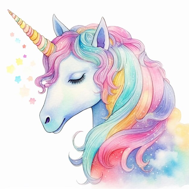 unicornio con melena arco iris y estrellas en un fondo blanco generativo ai