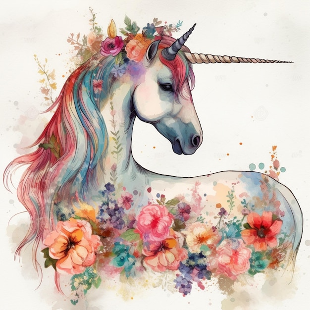 Un unicornio con melena de arcoíris y flores.