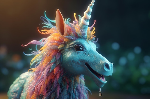 Un unicornio con una melena azul y un cuerno blanco.