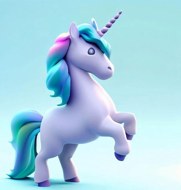 Un unicornio con una melena azul y verde y ojos azules está parado sobre un fondo azul.