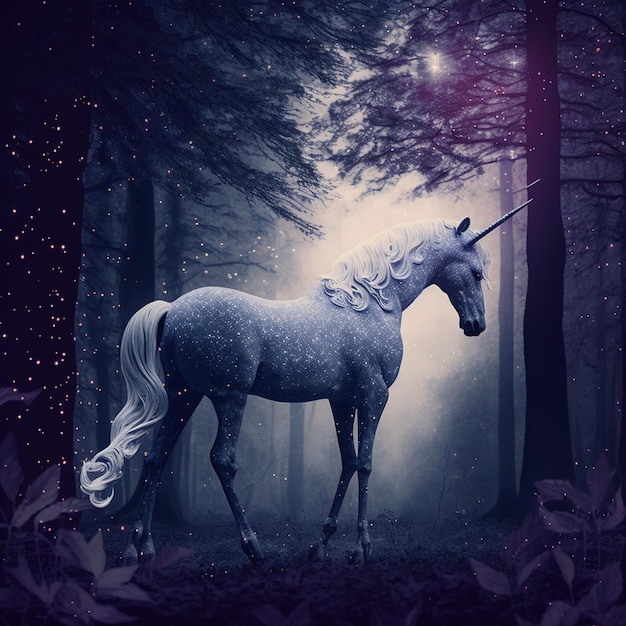 Un unicornio con melena y cola blancas se encuentra en un bosque.