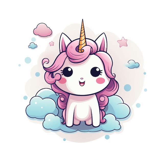 un unicornio con una melena y cola rosadas se sienta en una nube de nubes