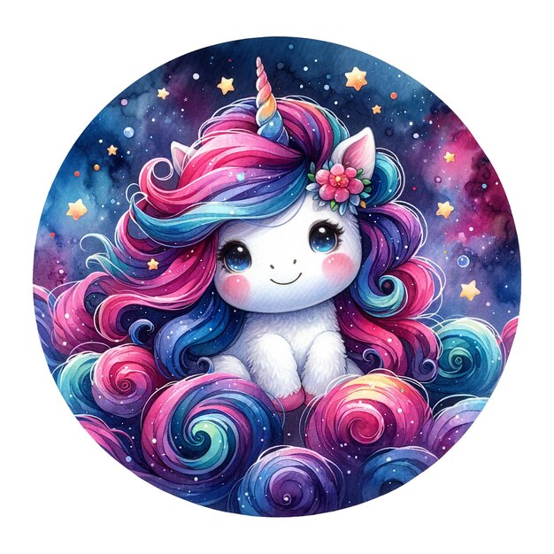 Un unicornio con una melena floral en un entorno cósmico con estrellas giratorias