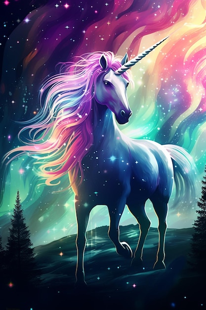 Foto unicornio con melena larga y melena colorida parado frente a un cielo colorido ai generativo