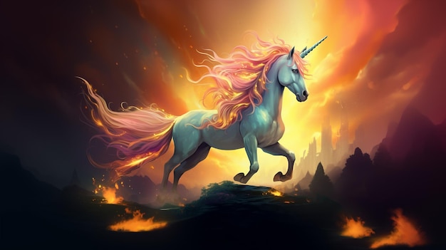 unicornio con melena larga y melena rosa corriendo sobre una colina ai generativo