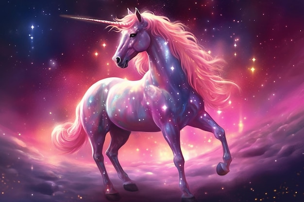 Un unicornio con melena rosa y estrellas.