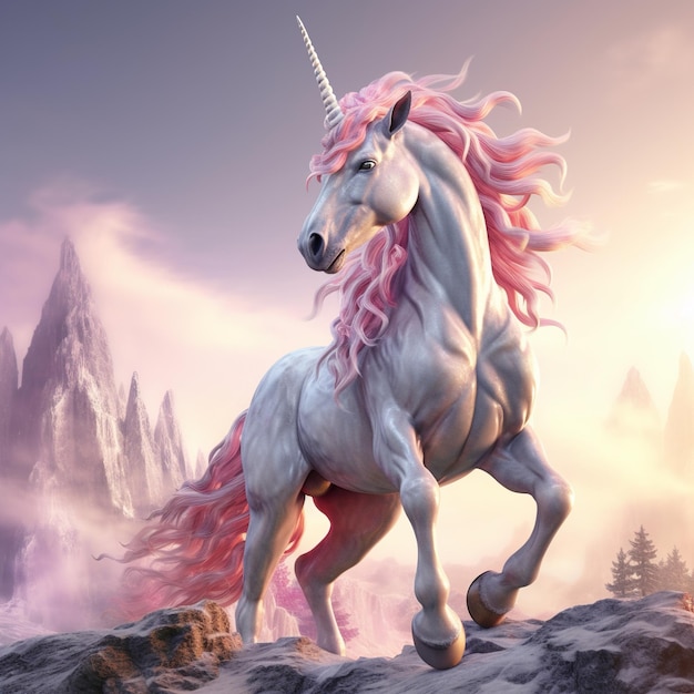 Un unicornio con una melena rosa y una melena rosa está parado en una montaña.