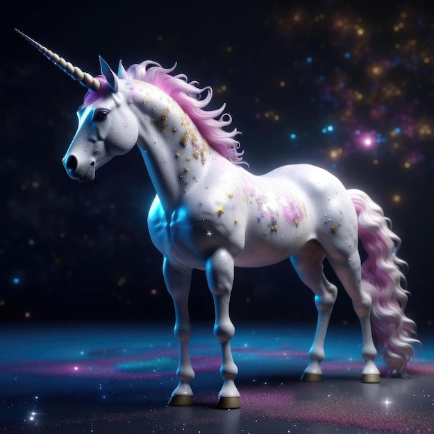 Unicornio con melena rosa sobre un fondo de espacio cósmico