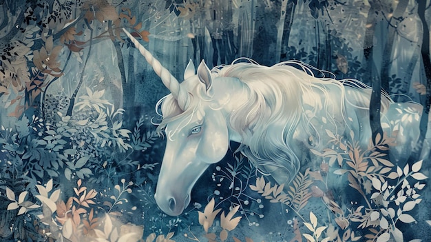 Unicornio místico en un bosque encantado con follaje vibrante artísticamente ilustrado en tonos de azul y blanco