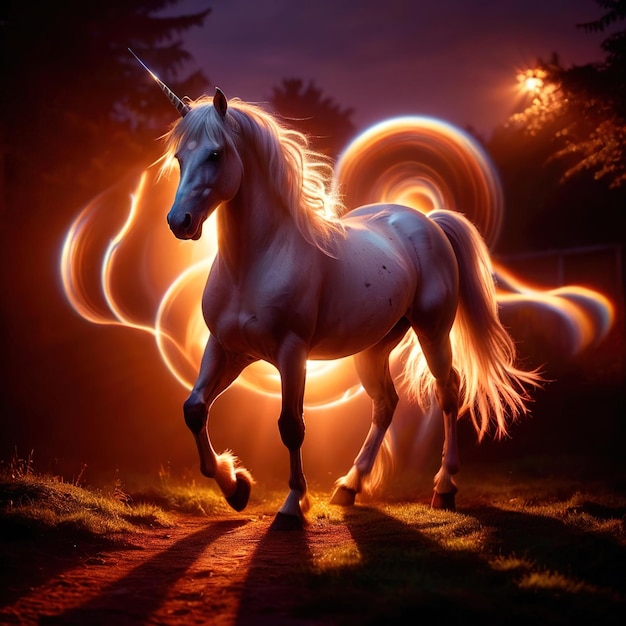 Foto unicornio místico criatura legendaria brillante pintura de luz aura iluminado