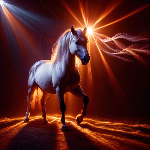 Foto unicornio místico criatura legendaria brillante pintura de luz aura iluminado