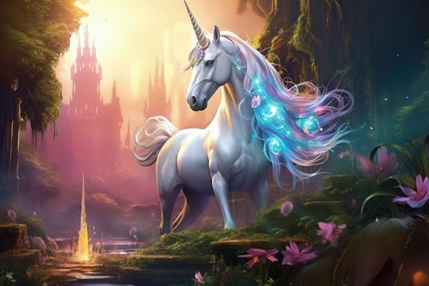 Unicornio místico en Enchanted Meadow IA generativa