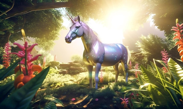 Unicornio mítico en la naturaleza unicornio mágico inspirador ilustración digital generativa ai