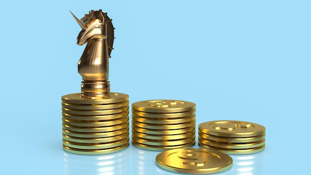 El unicornio y las monedas de oro para la puesta en marcha o la representación 3d del concepto de negocio