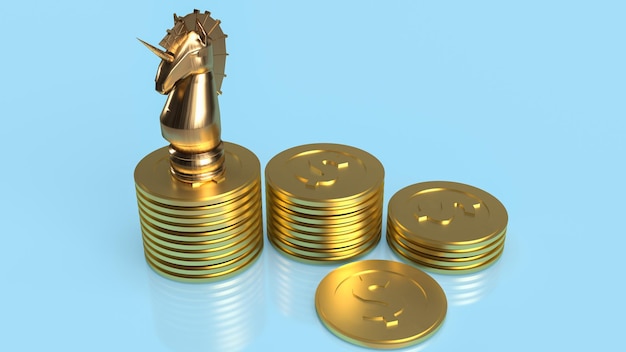 El unicornio y las monedas de oro para la puesta en marcha o la representación 3d del concepto de negocio