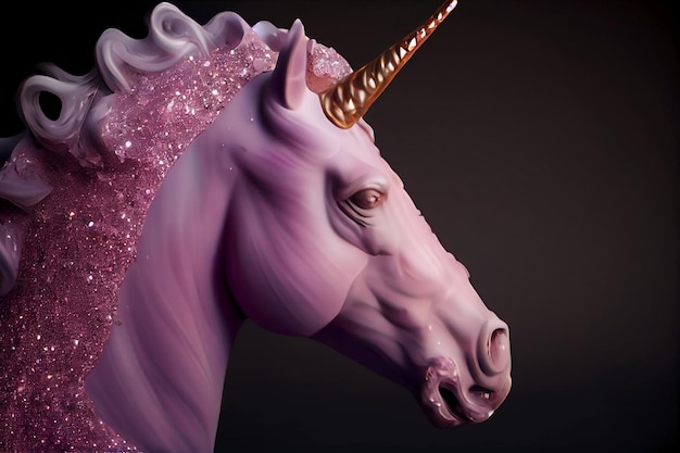 Un unicornio morado con un cuerno de unicornio rosa en la cabeza.