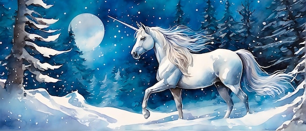 Unicórnio na paisagem de inverno durante a lua cheia em estilo de pintura aquarela