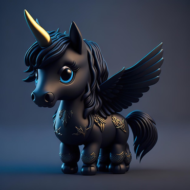 Un unicornio negro con alas doradas y un cuerno dorado en la cabeza.