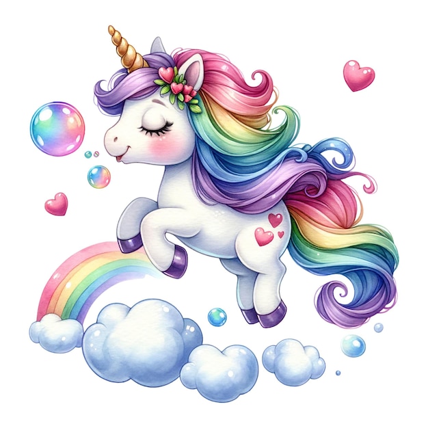 Unicornio en una nube con un arco iris y burbujas