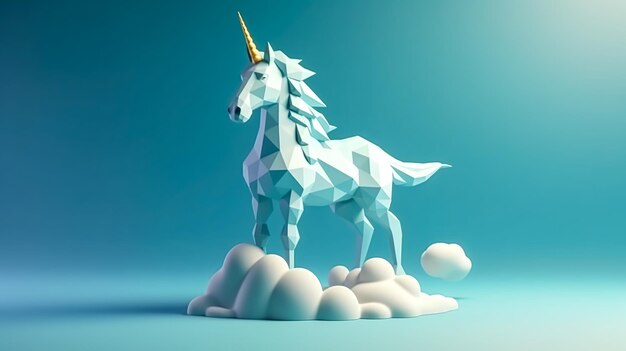 Unicornio en una nube sobre un fondo azul generativo ai