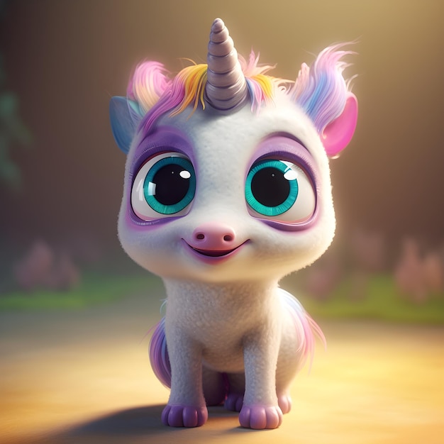 Foto un unicornio con ojos azules se sienta en un suelo de tierra.