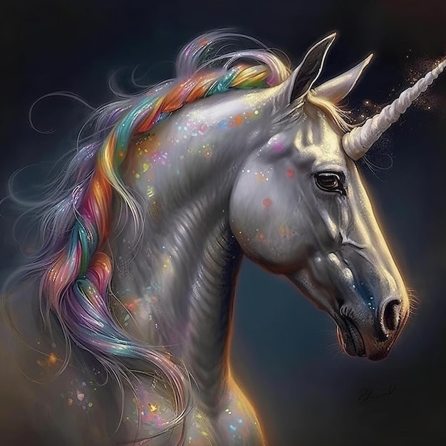 Un unicornio con pelo de arcoíris está pintado sobre un fondo negro.