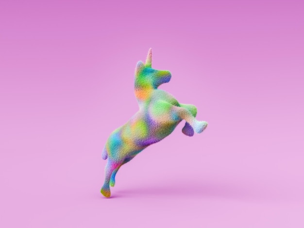 Unicornio peludo con colores del arco iris saltando sobre un fondo de estudio rosa renderizado 3d