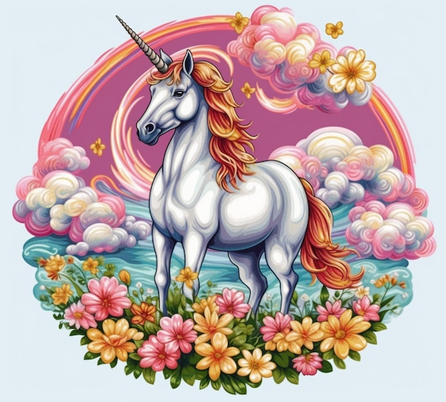 Unicornio de pie en las flores con un arco iris en el fondo ai generativo