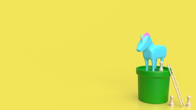 El unicornio en la planta sobre fondo amarillo para la representación 3d del concepto de negocio