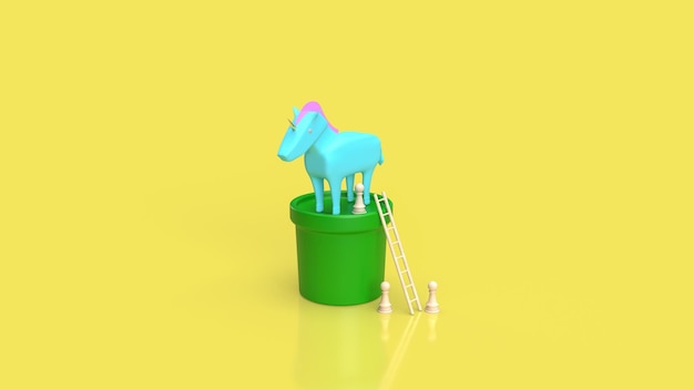 El unicornio en la planta sobre fondo amarillo para la representación 3d del concepto de negocio