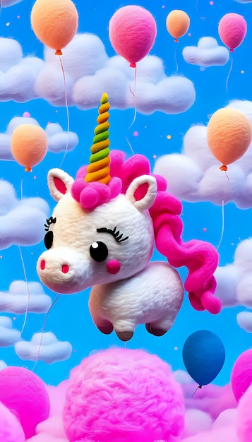 Un unicornio de pony de juguete contra el fondo del cielo y los globos