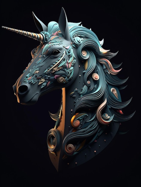 Unicornio retrato 3d fondo oscuro generativo ai